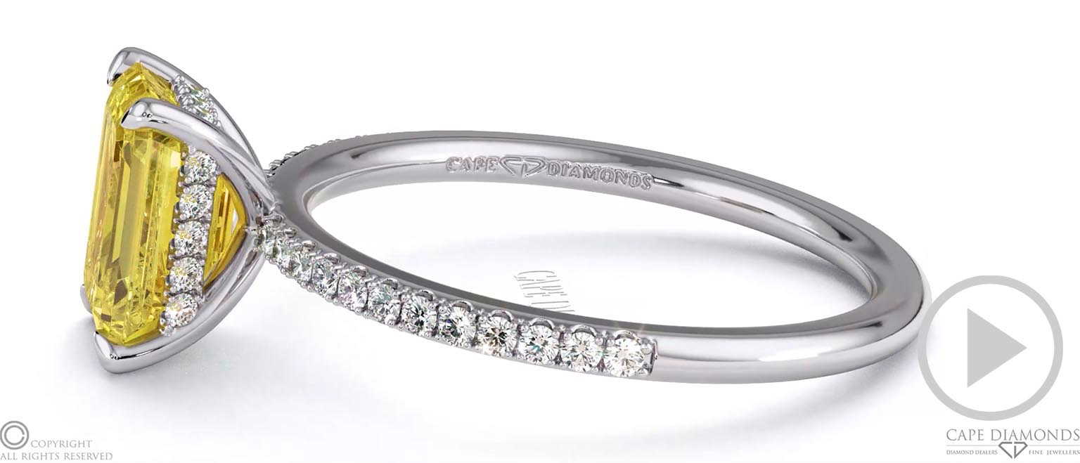 Yellow Natural Diamond Emerald Cut Hidden Halo Side Stones Engagement Ring White Gold top video