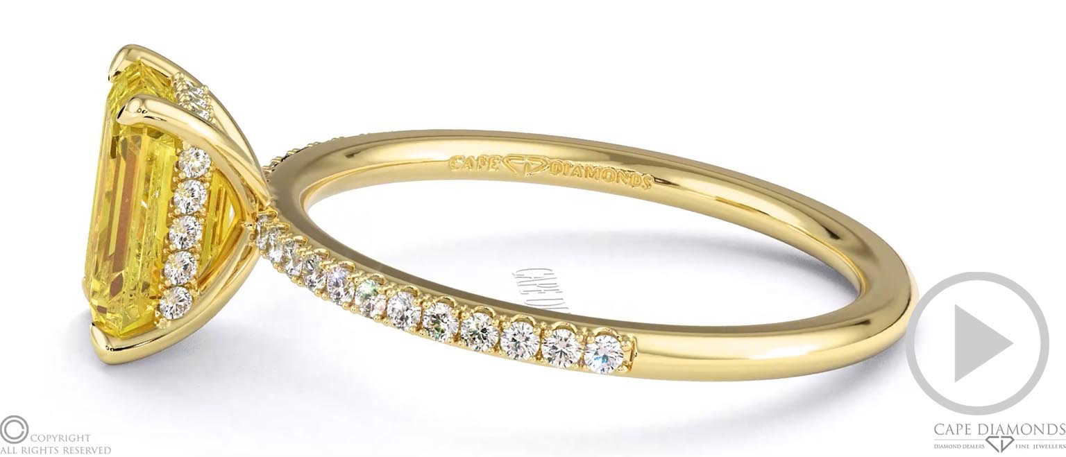 Yellow Natural Diamond Emerald Cut Hidden Halo Side Stones Engagement Ring Yellow Gold top video