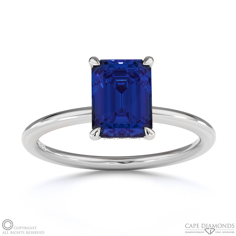 Tanzanite Emerald Hidden Halo Solitare Engagement Ring White Gold