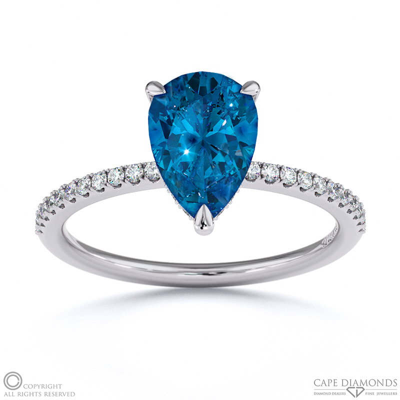 Sapphire Pear Cut Hidden Halo Side Stones Engagement Ring White Gold