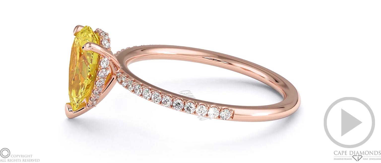 Yellow Natural Diamond Pear Cut Hidden Halo Sidestones Engagement Ring Rose Gold top video