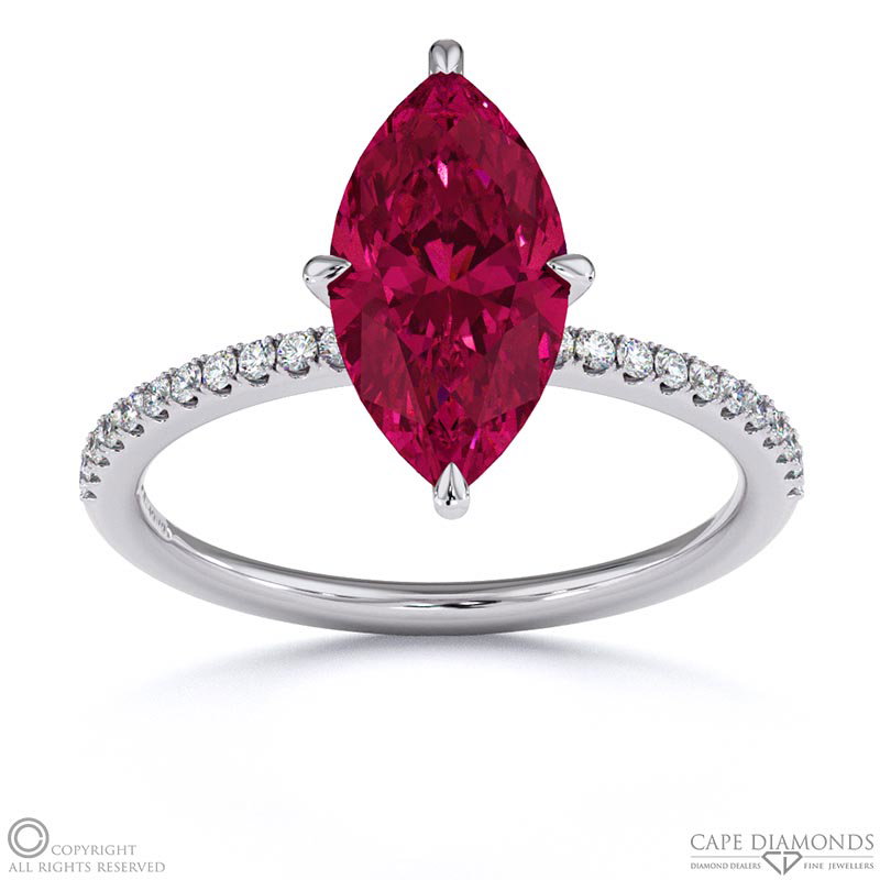 Ruby Marquise Cut Hidden Halo Side Stones Engagement Ring White Gold