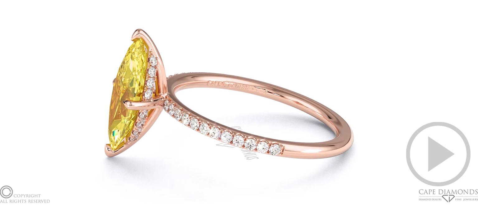 Yellow Natural Diamond Marquise Cut Hidden Halo Side Stones Engagement Ring Rose Gold top video