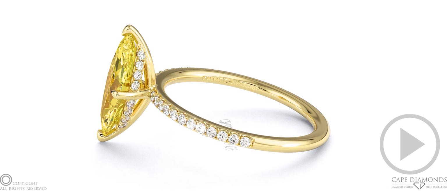 Yellow Natural Diamond Marquise Cut Hidden Halo Side Stones Engagement Ring Yellow Gold top video