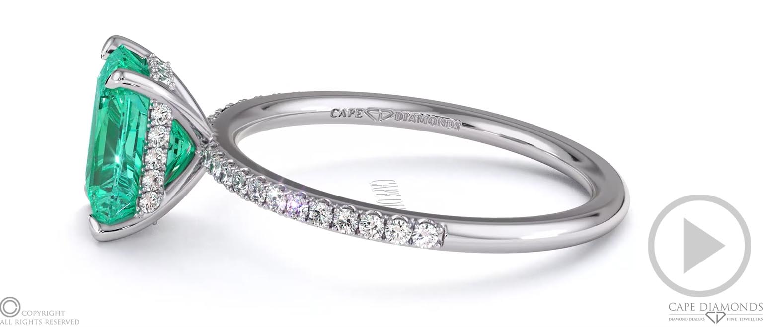 Emerald Radiant Cut Hidden Halo Side Stones Engagement Ring White Gold top video