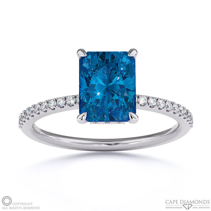 Sapphire Radiant Cut Hidden Halo Side Stones Engagement Ring White Gold