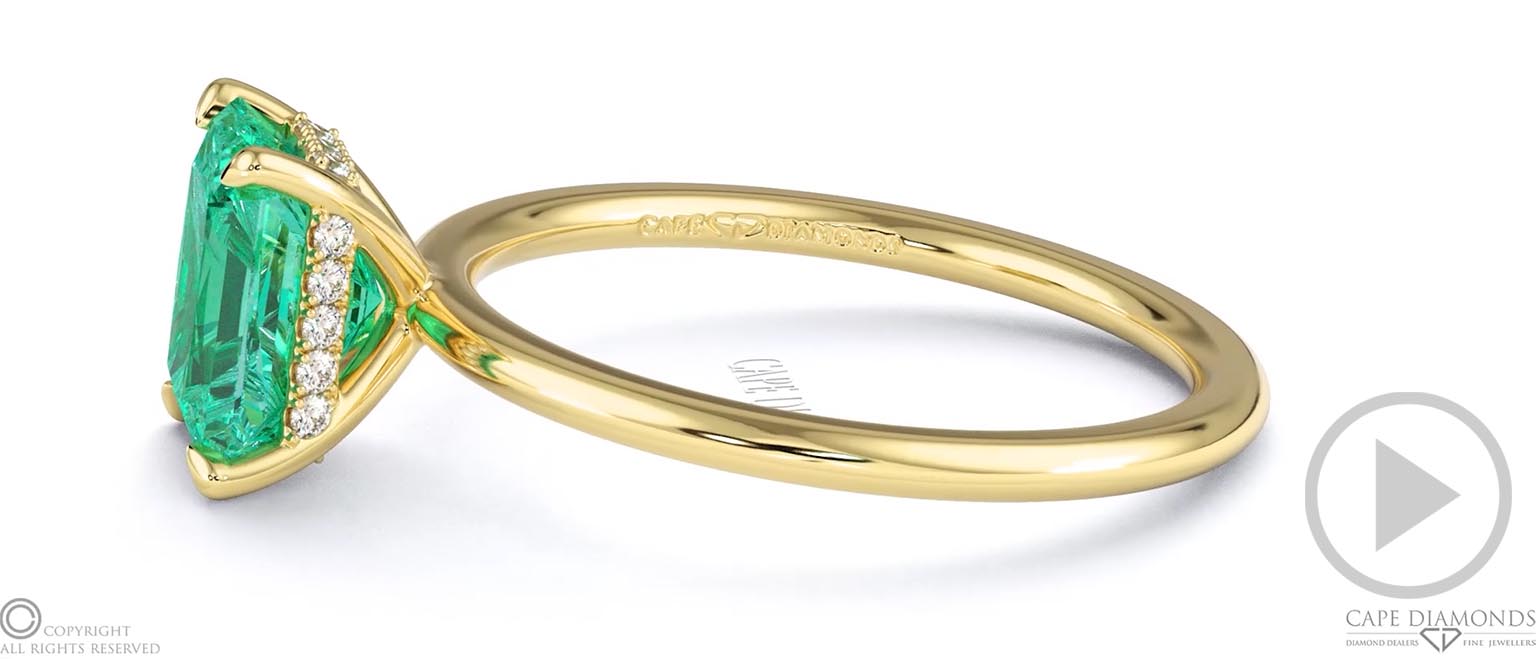 Emerald Radiant Cut Hidden Halo Engagement Ring Yellow Gold top video