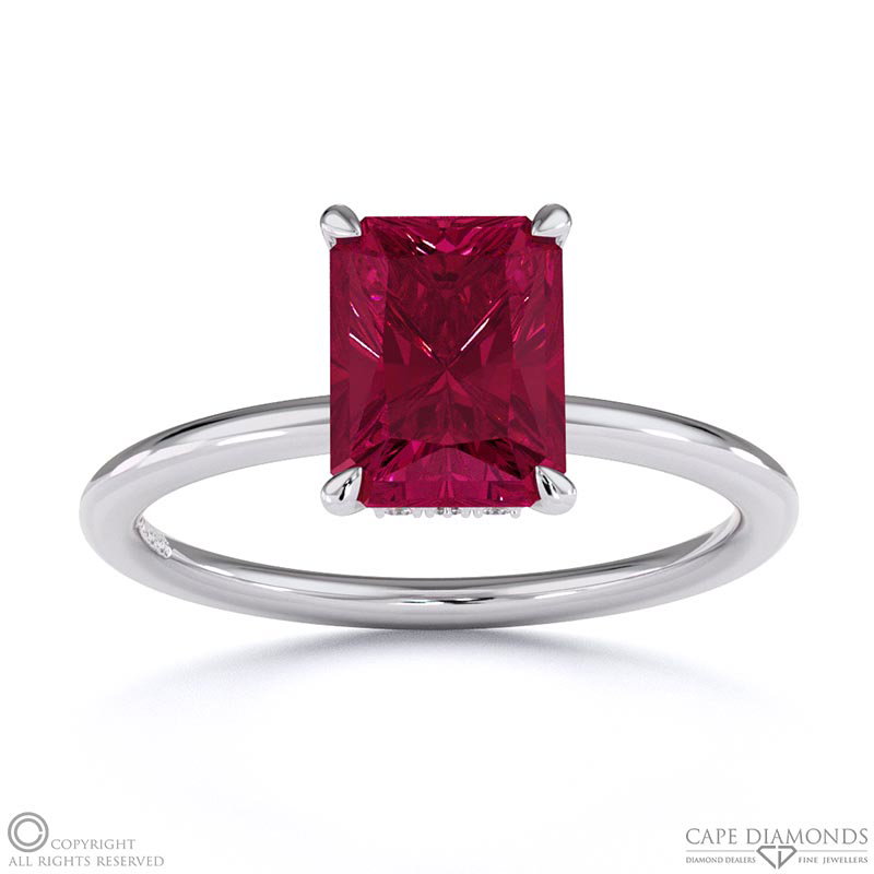 Ruby Radiant Cut Hidden Halo Engagement Ring White Gold