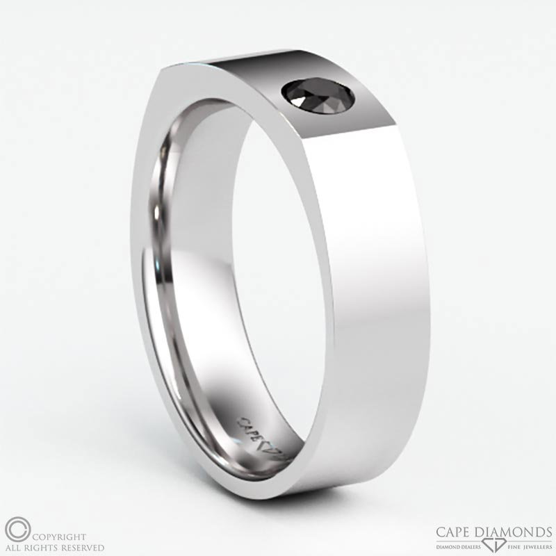 White Gold Rectangle Signet Black Diamond Mens Wedding Ring