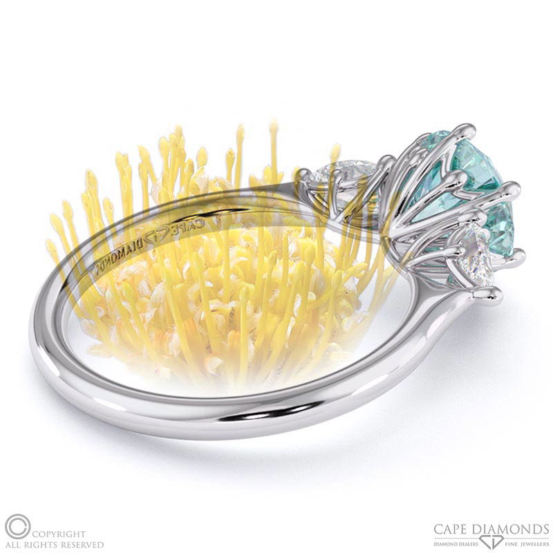 Pin Cushion Aquamarine Round Pear Trilogy Engagement Ring White Gold