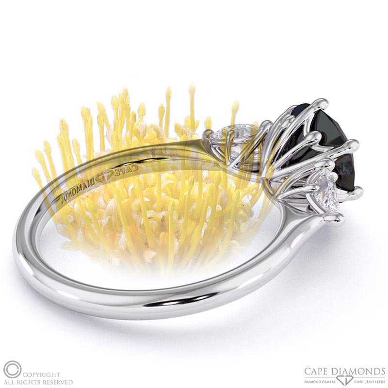 Pin Cushion Black Lab Grown Diamond Round Pear Trilogy Engagement Ring White Gold