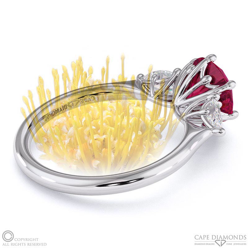 Pin Cushion Ruby Round Pear Trilogy Engagement Ring White Gold