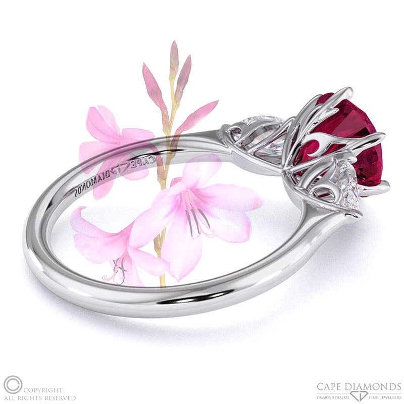 Watsonia Ruby Round Pear Trilogy Engagement Ring White Gold