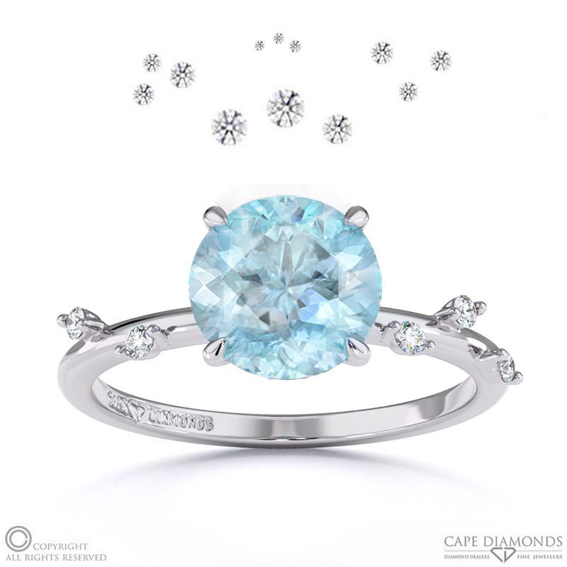 Starlit Aquamarine Hidden Halo Round Side Stone Engagement Ring White Gold