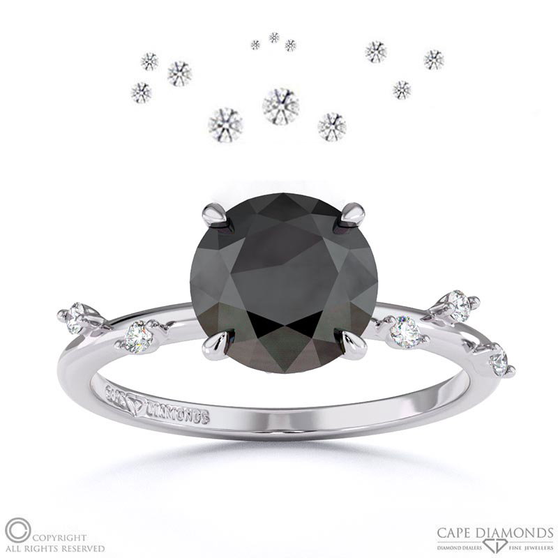 Starlit Black Lab Grown Diamond Hidden Halo Round Side Stone Engagement Ring White Gold
