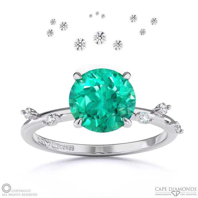Starlit Emerald Hidden Halo Round Side Stone Engagement Ring White Gold