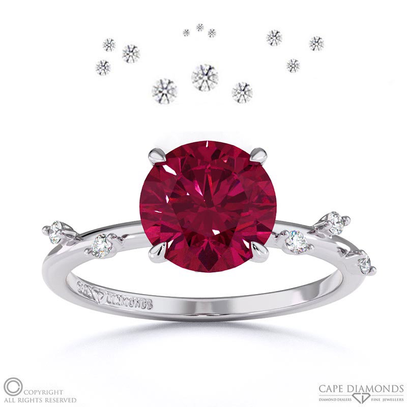 Starlit Ruby Hidden Halo Round Side Stone Engagement Ring White Gold