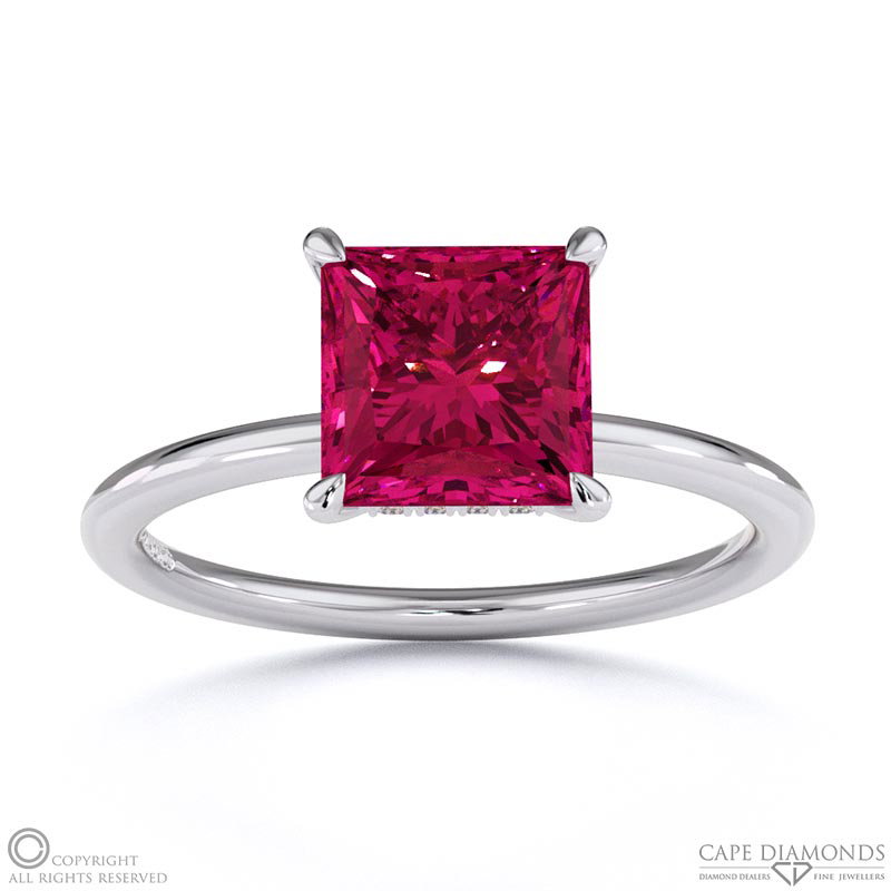 Ruby Princess Cut Hidden Halo  Engagement Ring White Gold