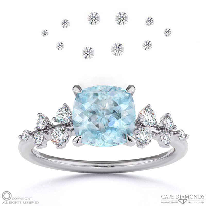 Aquamarine Cushion Cut Stardust Engagement Ring White Gold