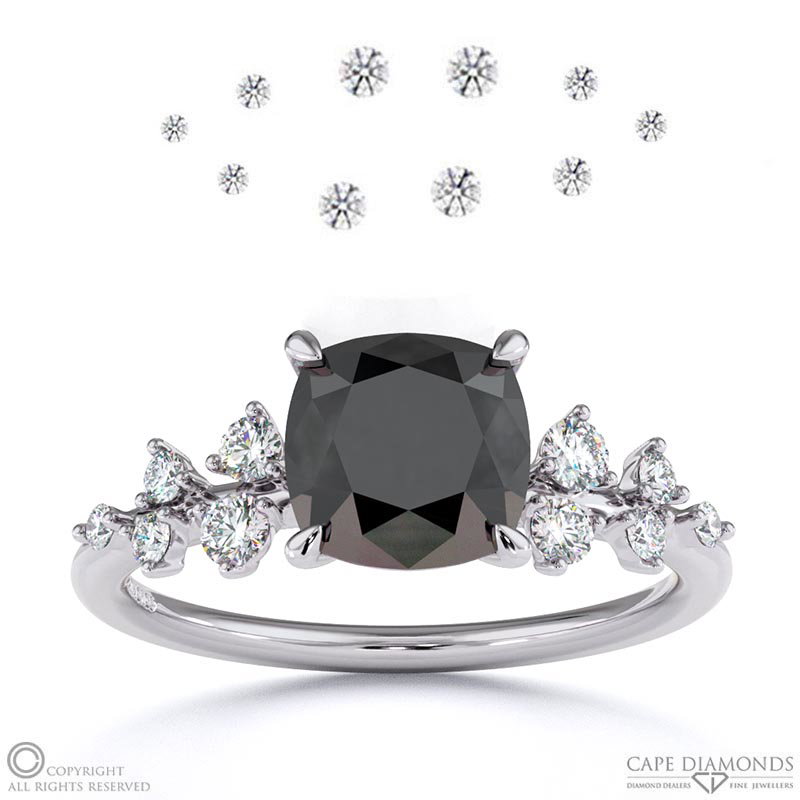 Black Lab Grown Diamond Cushion Cut Stardust Engagement Ring White Gold