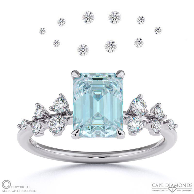 Aquamarine Emerald Cut Stardust Engagement Ring White Gold