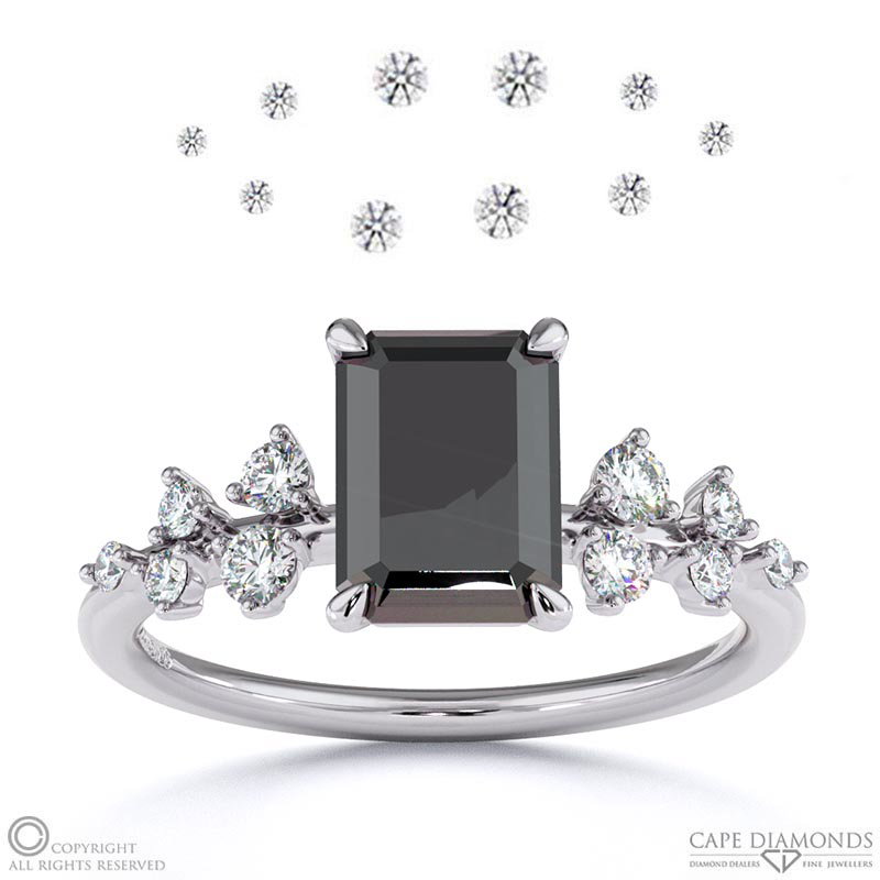 Black Lab Grown Diamond Emerald Cut Stardust Engagement Ring White Gold