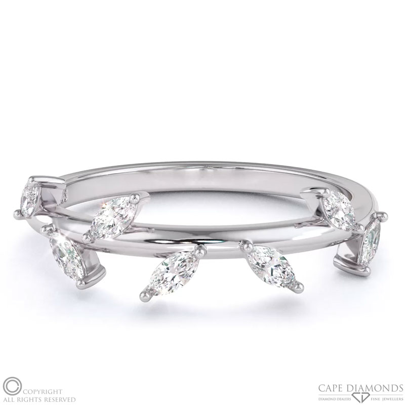 Leaf Marquise Diamonds Womans Wedding Band White Gold