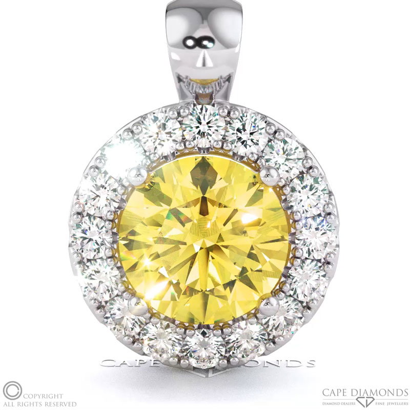 Lab Yellow Diamond White Gold Halo Pendant