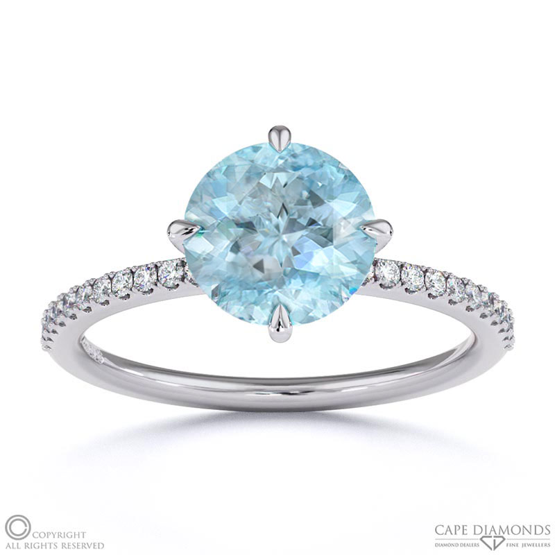 Blue Or Paraiba Tourmaline Round Cut East To West Setting Pave Engagement Ring White Gold