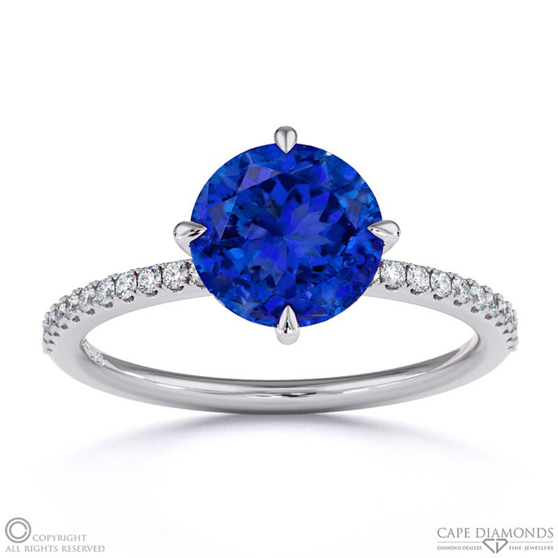Tanzanite Round Cut East To West Setting Pave Engagement Ring White Gold