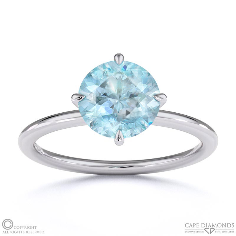 Blue Or Paraiba Tourmaline Round Cut East To West Setting Solitaire Engagement Ring White Gold