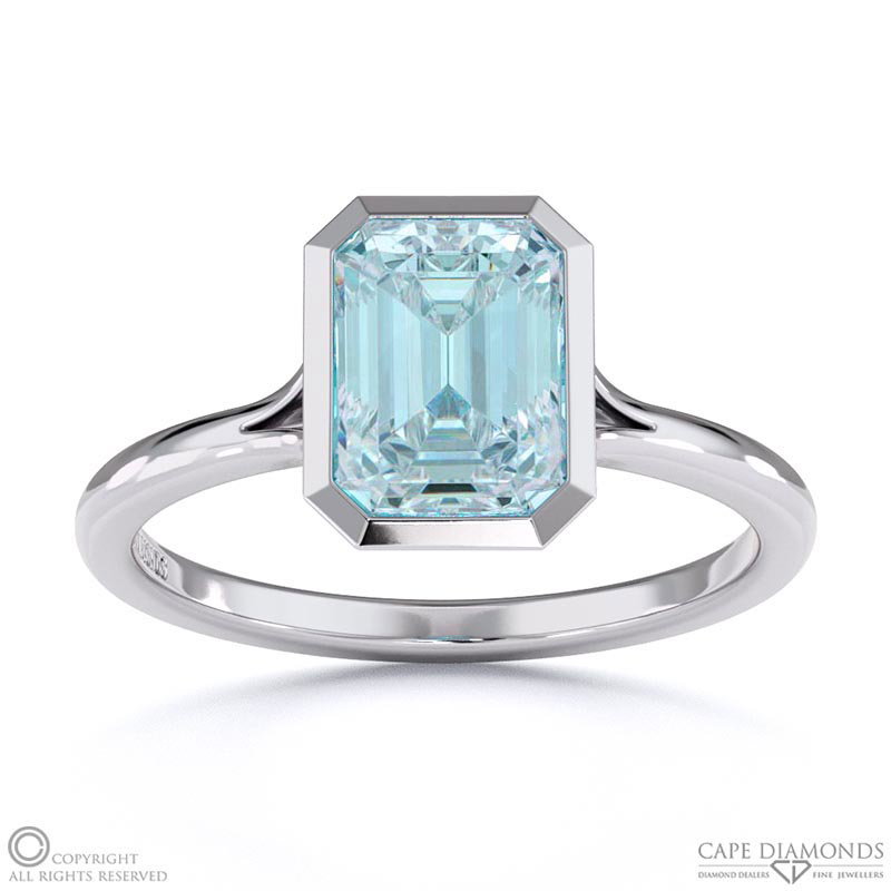 Blue Or Paraiba Tourmaline Emerald Cut Bezel Setting Split Band White Gold Engagement Ring