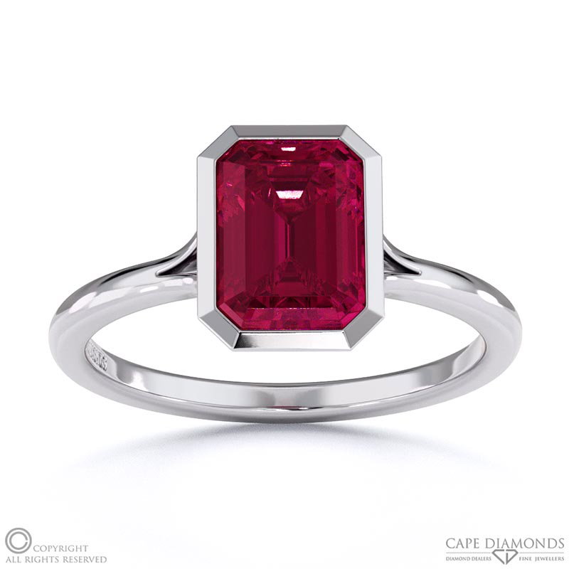Ruby Emerald Cut Bezel Setting Split Band White Gold Engagement Ring