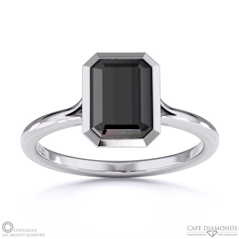 Black Lab Grown Diamond Emerald-cut Bezel Setting Split Band White Gold Engagement Ring
