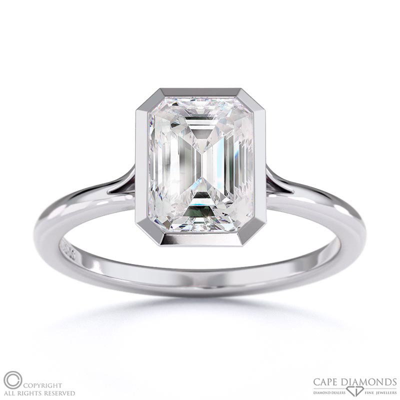 Lab Grown Diamond Emerald-Cut Bezel Setting Split Band White Gold Engagement Ring