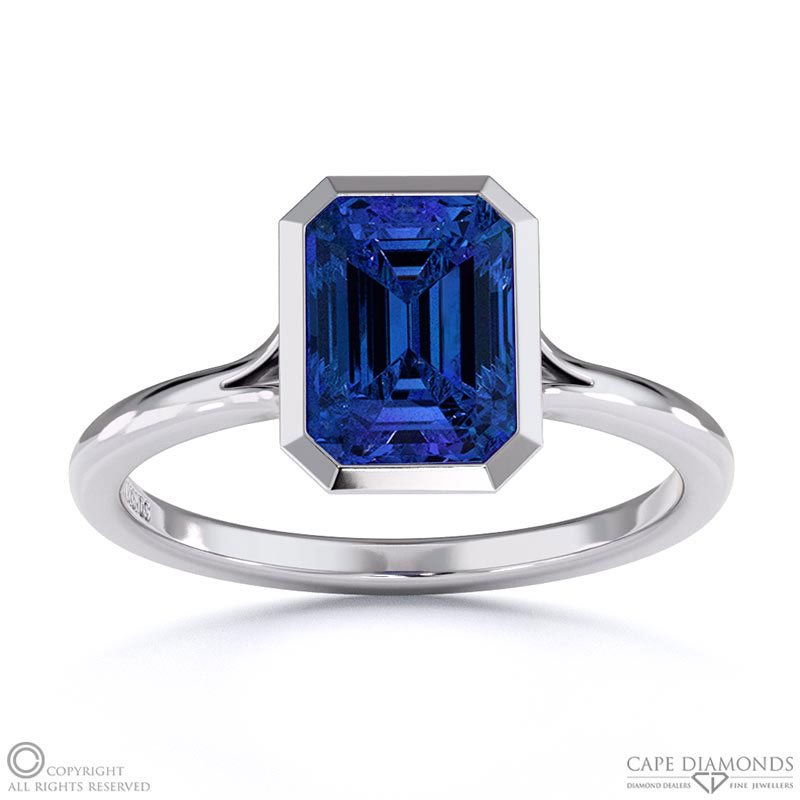 Tanzanite Emerald Cut Bezel Setting Split Band White Gold Engagement Ring