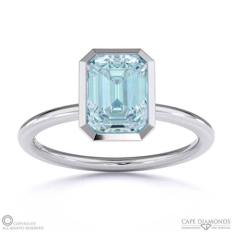 Blue Or Paraiba Tourmaline Emerald Cut Basket Bezel Solitaire White Gold Engagement Ring