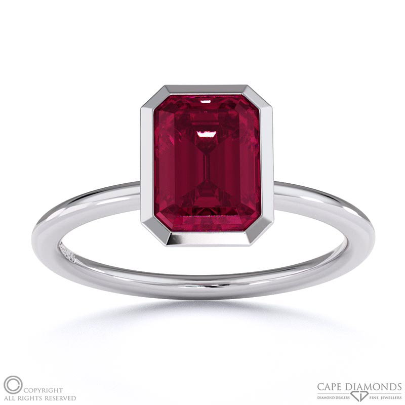 Ruby Emerald Cut Basket Bezel Solitaire White Gold Engagement Ring