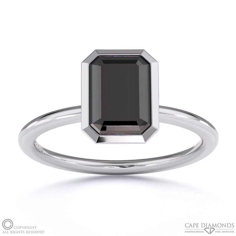 Black Lab Grown Diamond Emerald Cut Basket Bezel Solitaire White Gold Engagement Ring