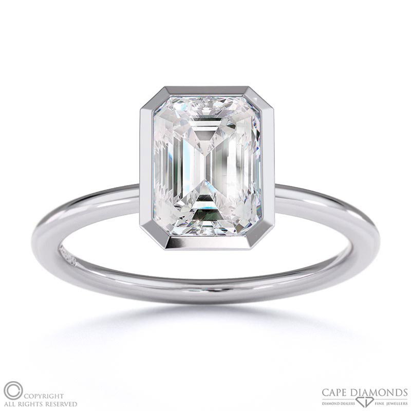 Lab Grown Diamond Emerald Cut Basket Bezel Solitaire White Gold Engagement Ring