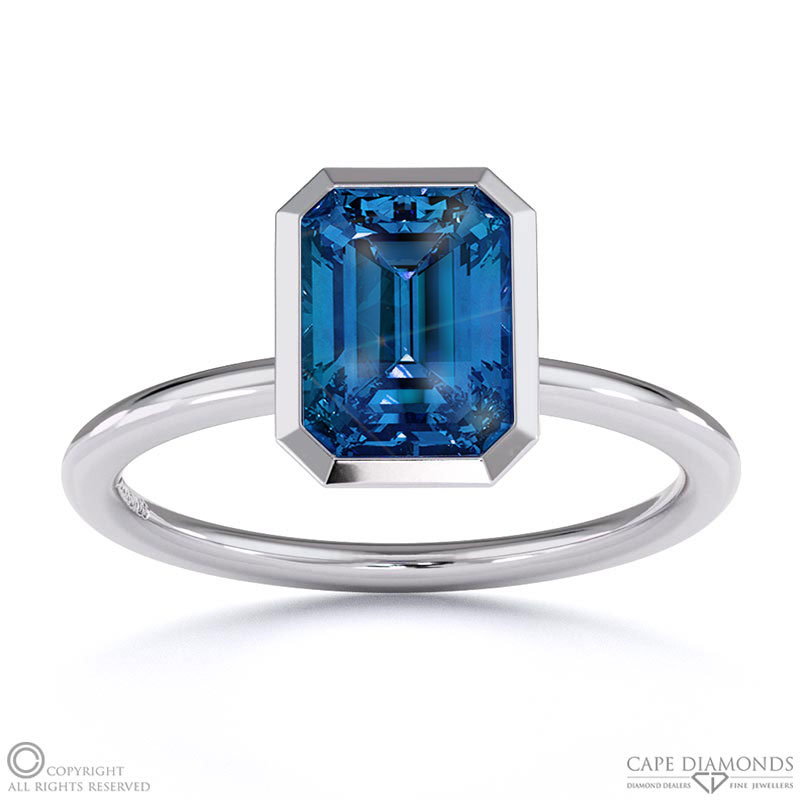 Sapphire Emerald Cut Basket Bezel Solitaire White Gold Engagement Ring