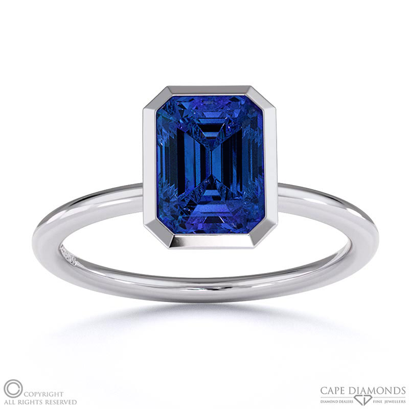 Tanzanite Emerald Cut Basket Bezel Solitaire White Gold Engagement Ring