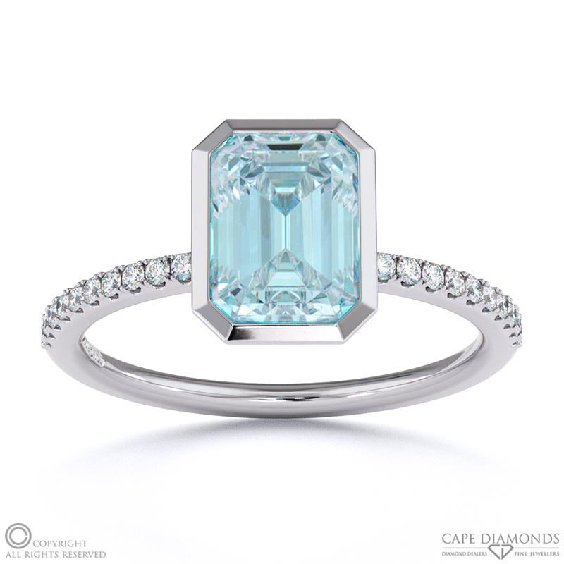Blue Or Paraiba Tourmaline Emerald Cut Basket Bezel Side Stones White Gold Engagement Ring