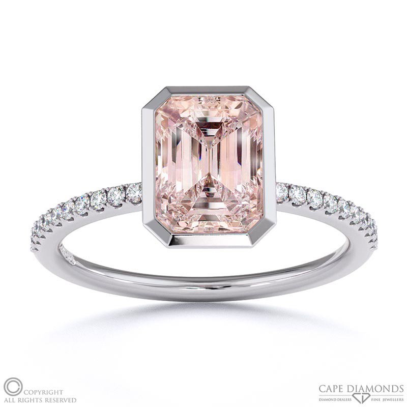 Morganite Emerald Cut Basket Bezel Side Stones White Gold Engagement Ring