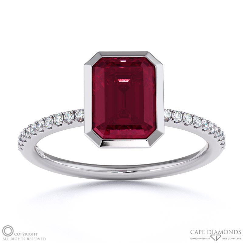 Ruby Emerald Cut Basket Bezel Side Stones White Gold Engagement Ring