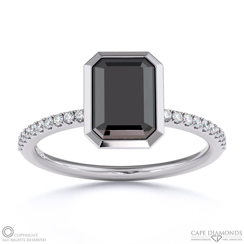 Black Lab Grown Diamond Emerald Cut Basket Bezel Side Stones White Gold Engagement Ring