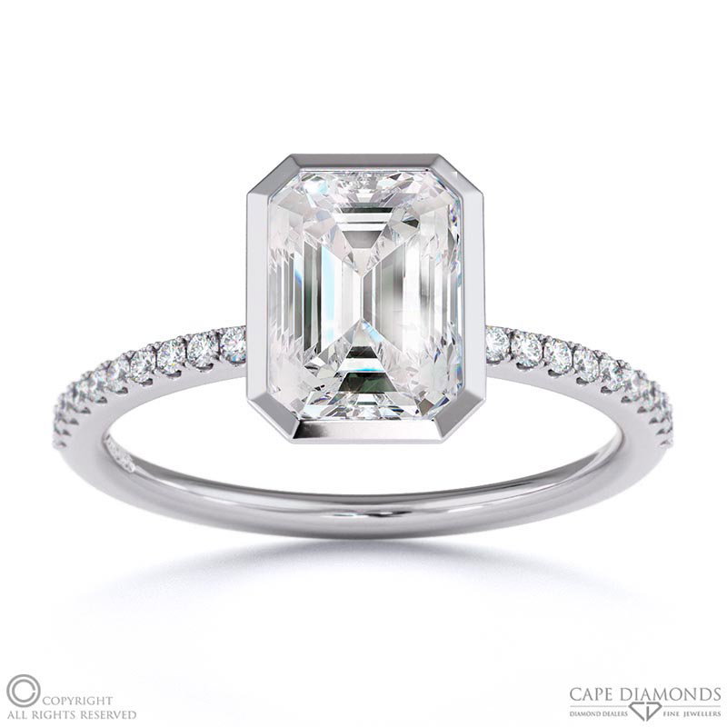 Lab Grown Diamond Emerald Cut Basket Bezel Side Stones White Gold Engagement Ring
