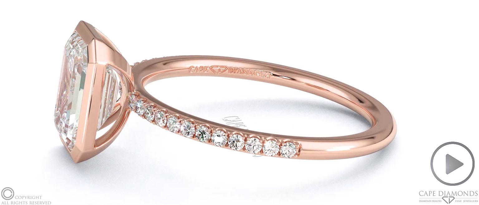 Lab Grown Diamond Emerald Cut Basket Bezel Side Stones Rose Gold Engagement Ring top video
