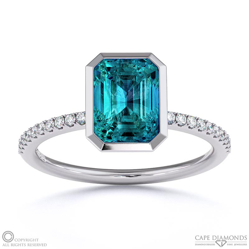 Alexandrite Emerald Cut Basket Bezel Side Stones White Gold Engagement Ring