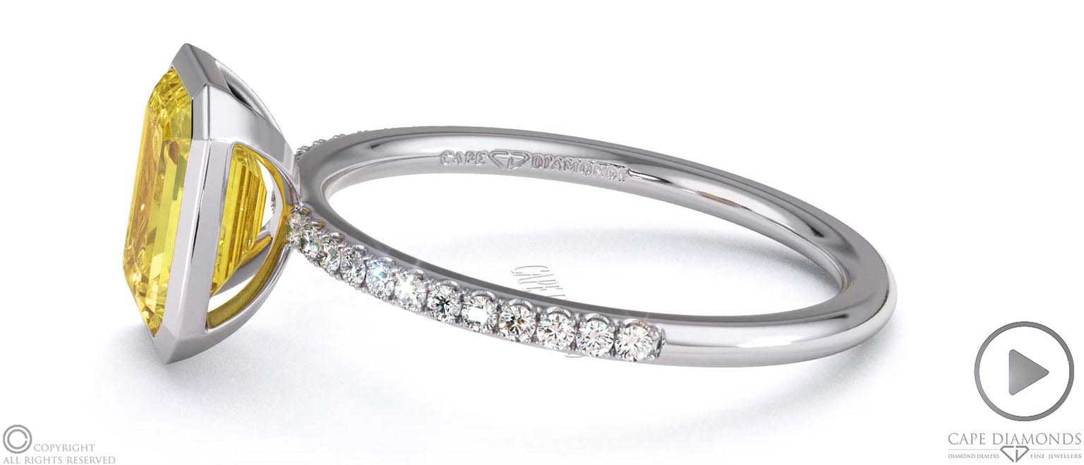 Yellow Lab Grown Diamond Emerald-cut Basket Bezel Setting Pave Platinum Engagement Ring top video
